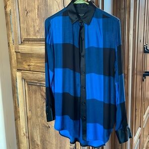 RAG & BONE Blue/Black Silk Collar Shirt Blouse XXS